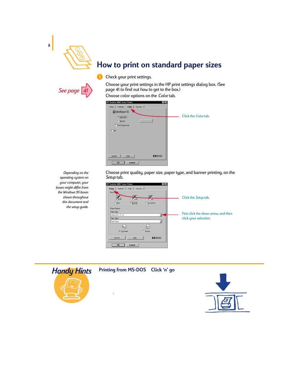 How to print on standard paper sizes, Handy hints, See page 41 | HP Deskjet 695c Printer User Manual | Page 27 / 95