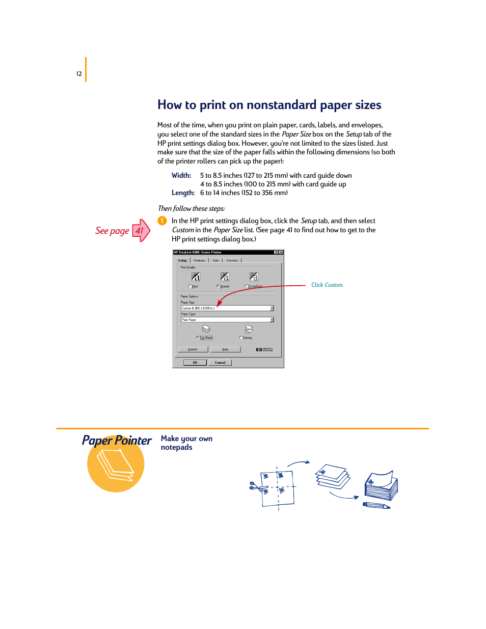 How to print on nonstandard paper sizes, Paper pointer | HP Deskjet 695c Printer User Manual | Page 31 / 95