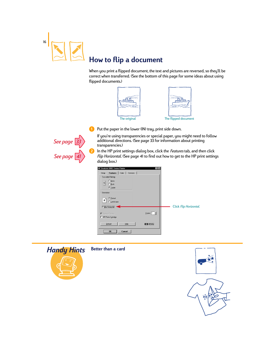 How to flip a document, Handy hints, See page 33 see page 41 | HP Deskjet 695c Printer User Manual | Page 35 / 95