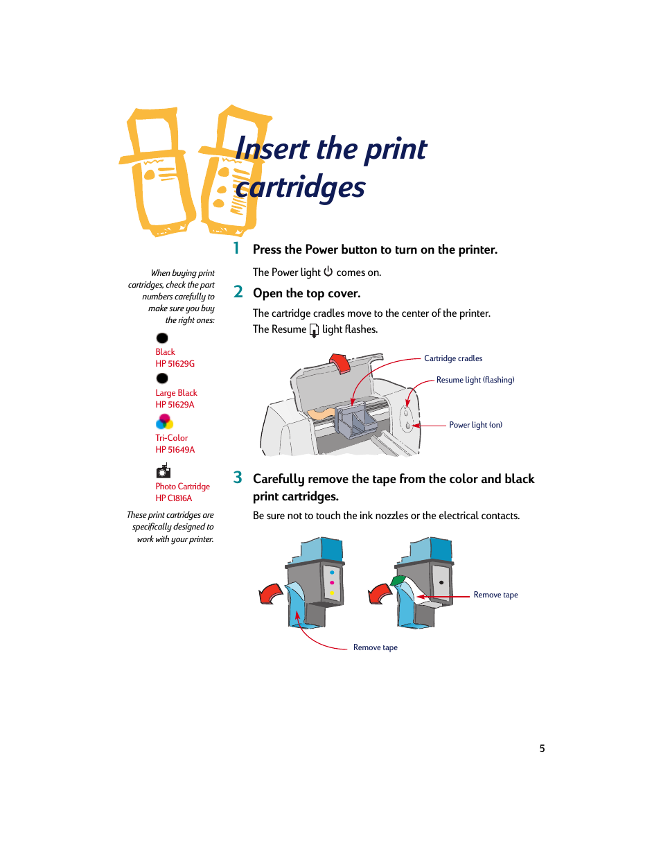 Insert the print cartridges | HP Deskjet 695c Printer User Manual | Page 5 / 95