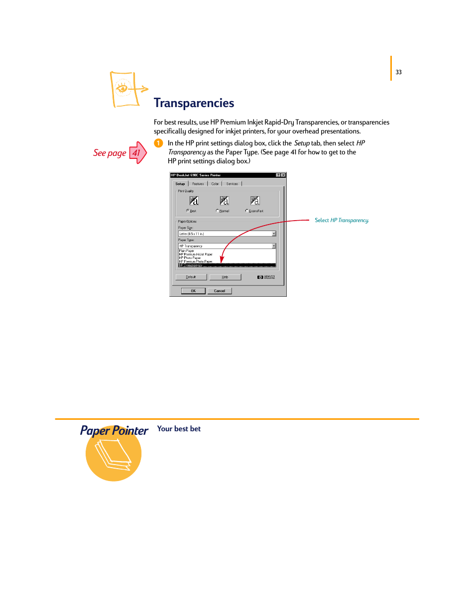 Transparencies, Paper pointer | HP Deskjet 695c Printer User Manual | Page 52 / 95