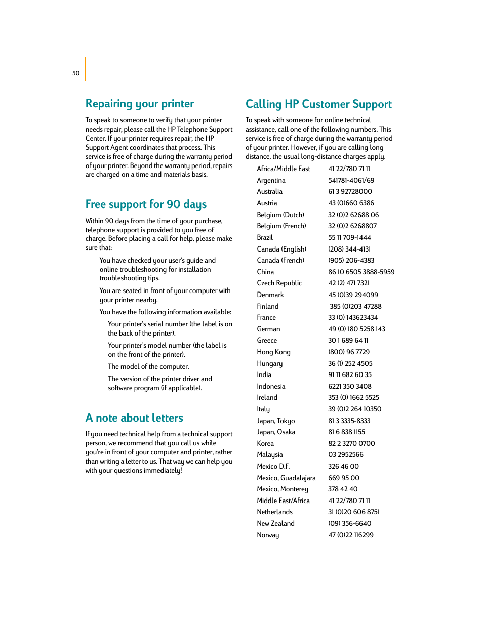 Repairing your printer, Free support for 90 days, Calling hp customer support | HP Deskjet 695c Printer User Manual | Page 69 / 95