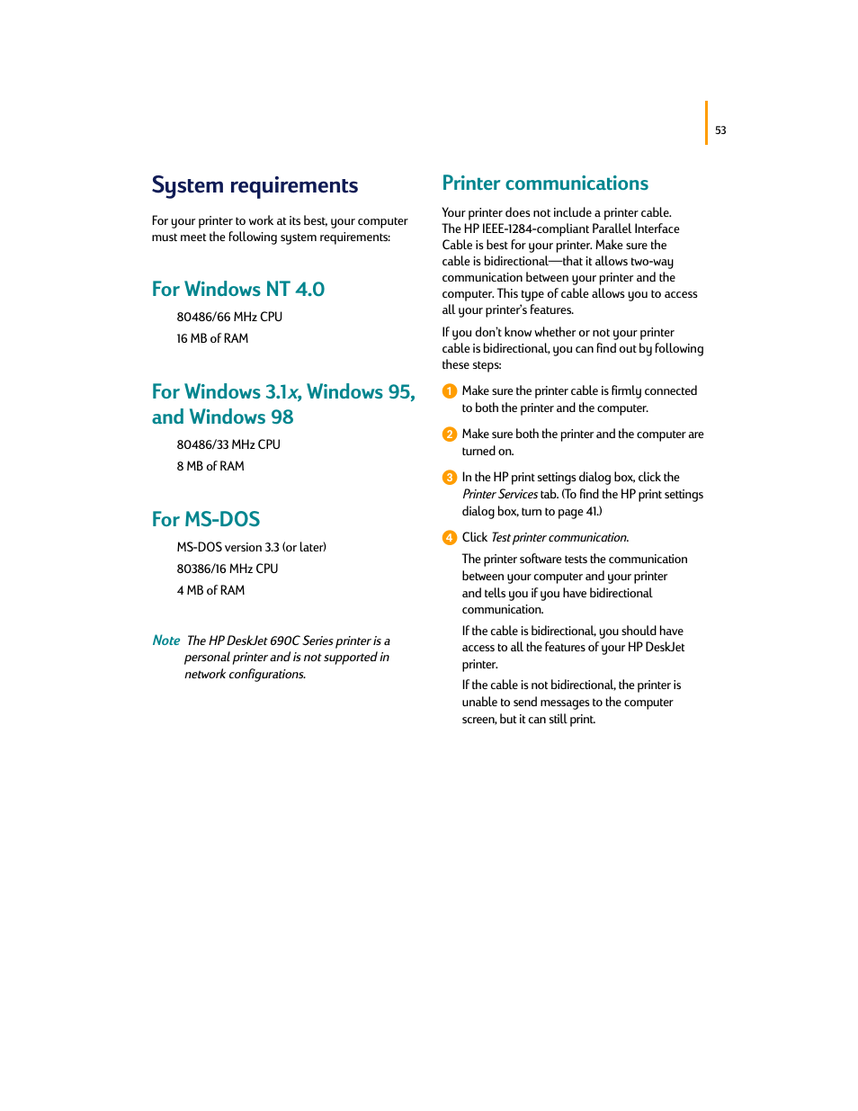 System requirements, For windows nt 4.0, For ms-dos | Printer communications | HP Deskjet 695c Printer User Manual | Page 72 / 95