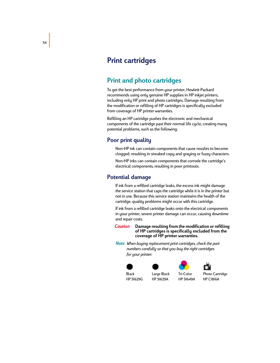 Print cartridges, Print and photo cartridges, Poor print quality | Potential damage | HP Deskjet 695c Printer User Manual | Page 73 / 95