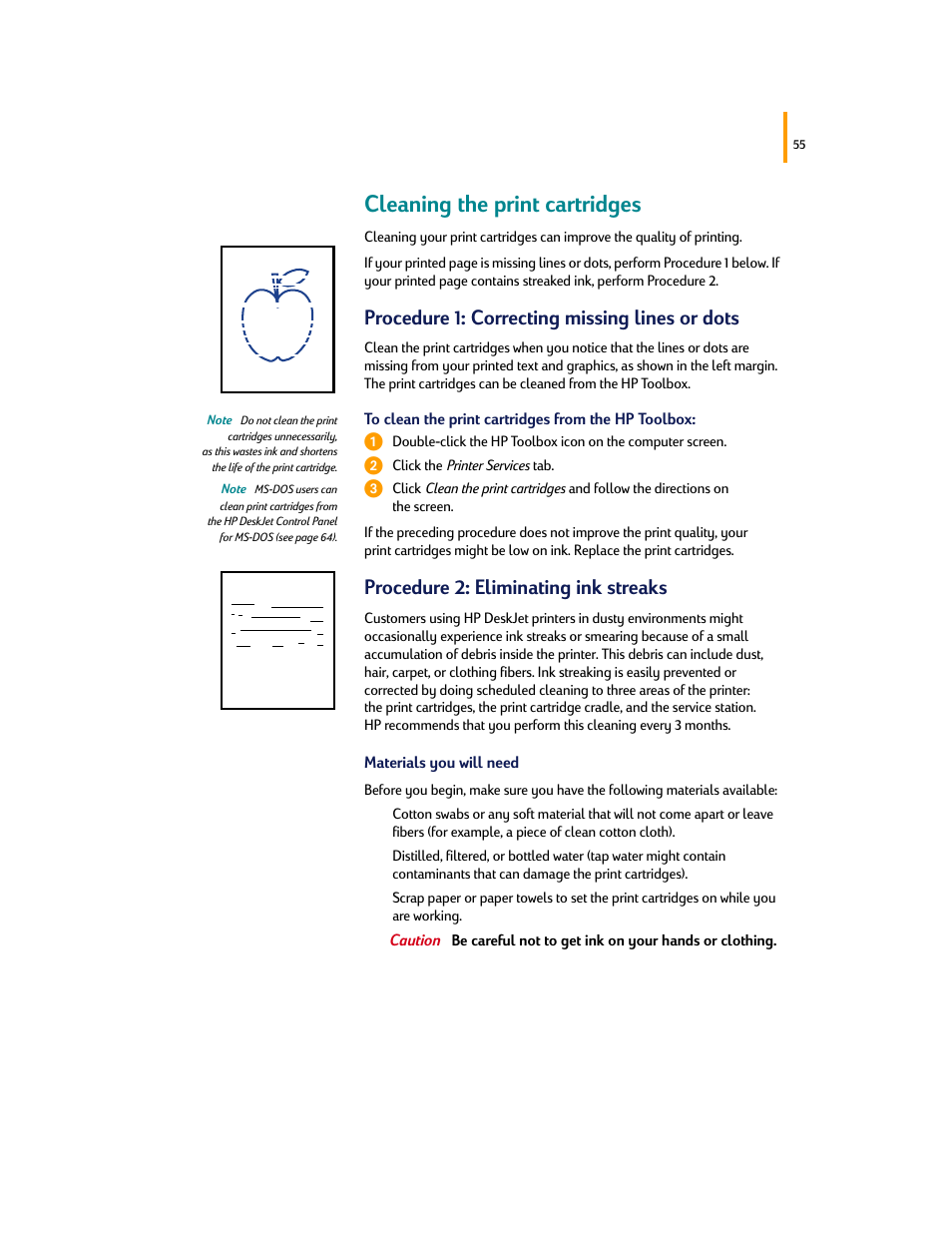 Cleaning the print cartridges, Procedure 1: correcting missing lines or dots, Procedure 2: eliminating ink streaks | HP Deskjet 695c Printer User Manual | Page 74 / 95