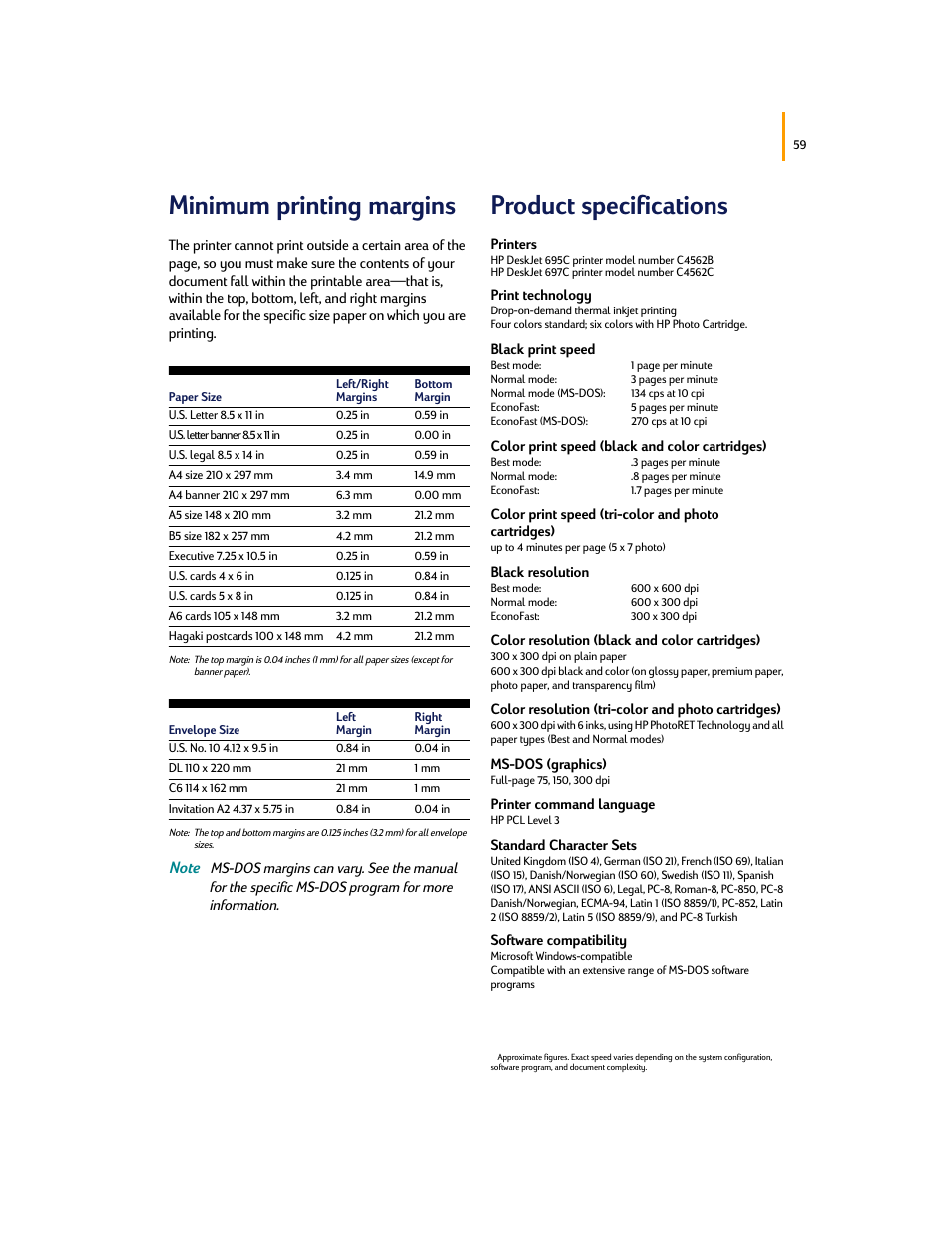 Minimum printing margins, Product specifications | HP Deskjet 695c Printer User Manual | Page 78 / 95