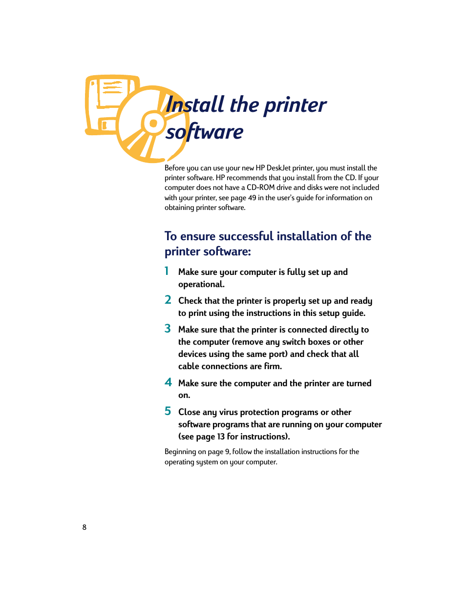 Install the printer software | HP Deskjet 695c Printer User Manual | Page 8 / 95