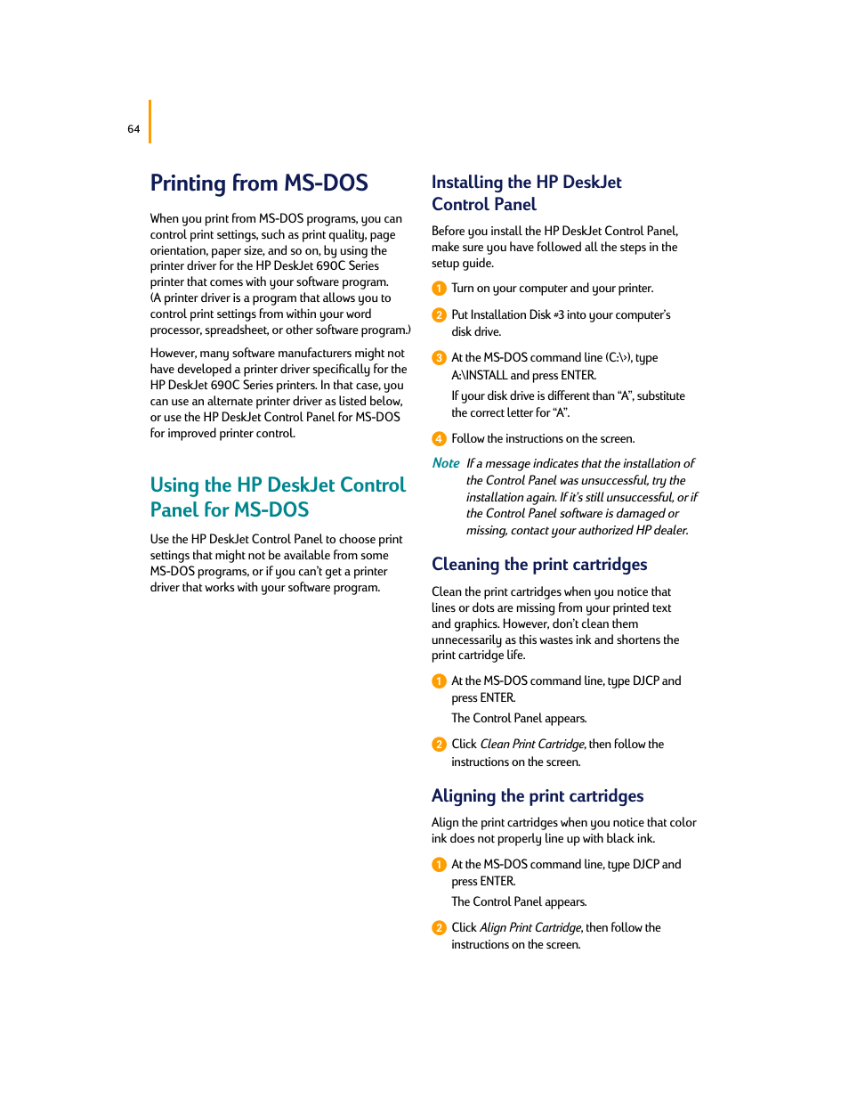Printing from ms-dos, Using the hp deskjet control panel for ms-dos, Installing the hp deskjet control panel | Cleaning the print cartridges, Aligning the print cartridges | HP Deskjet 695c Printer User Manual | Page 83 / 95