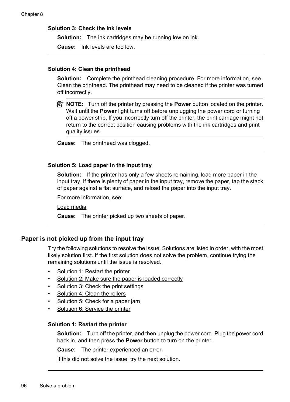 Paper is not picked up from the input tray, Solution 3: check the ink levels, Solution 4: clean the printhead | Solution 5: load paper in the input tray | HP Officejet 7500A Wide Format e-All-in-One Printer - E910a User Manual | Page 100 / 252