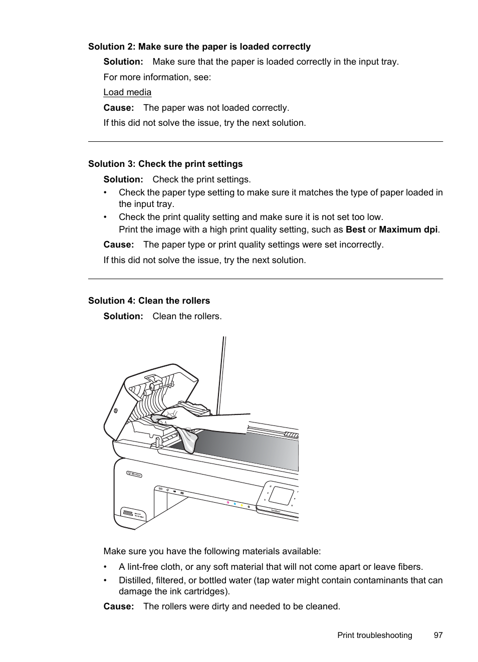 Solution 3: check the print settings, Solution 4: clean the rollers | HP Officejet 7500A Wide Format e-All-in-One Printer - E910a User Manual | Page 101 / 252