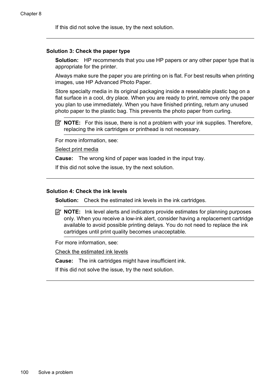 Solution 3: check the paper type, Solution 4: check the ink levels | HP Officejet 7500A Wide Format e-All-in-One Printer - E910a User Manual | Page 104 / 252