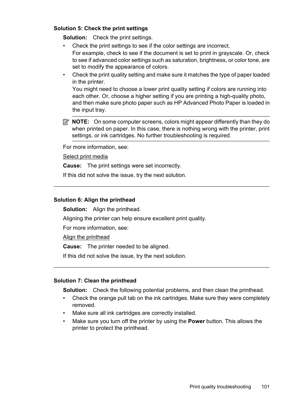 Solution 5: check the print settings, Solution 6: align the printhead, Solution 7: clean the printhead | HP Officejet 7500A Wide Format e-All-in-One Printer - E910a User Manual | Page 105 / 252