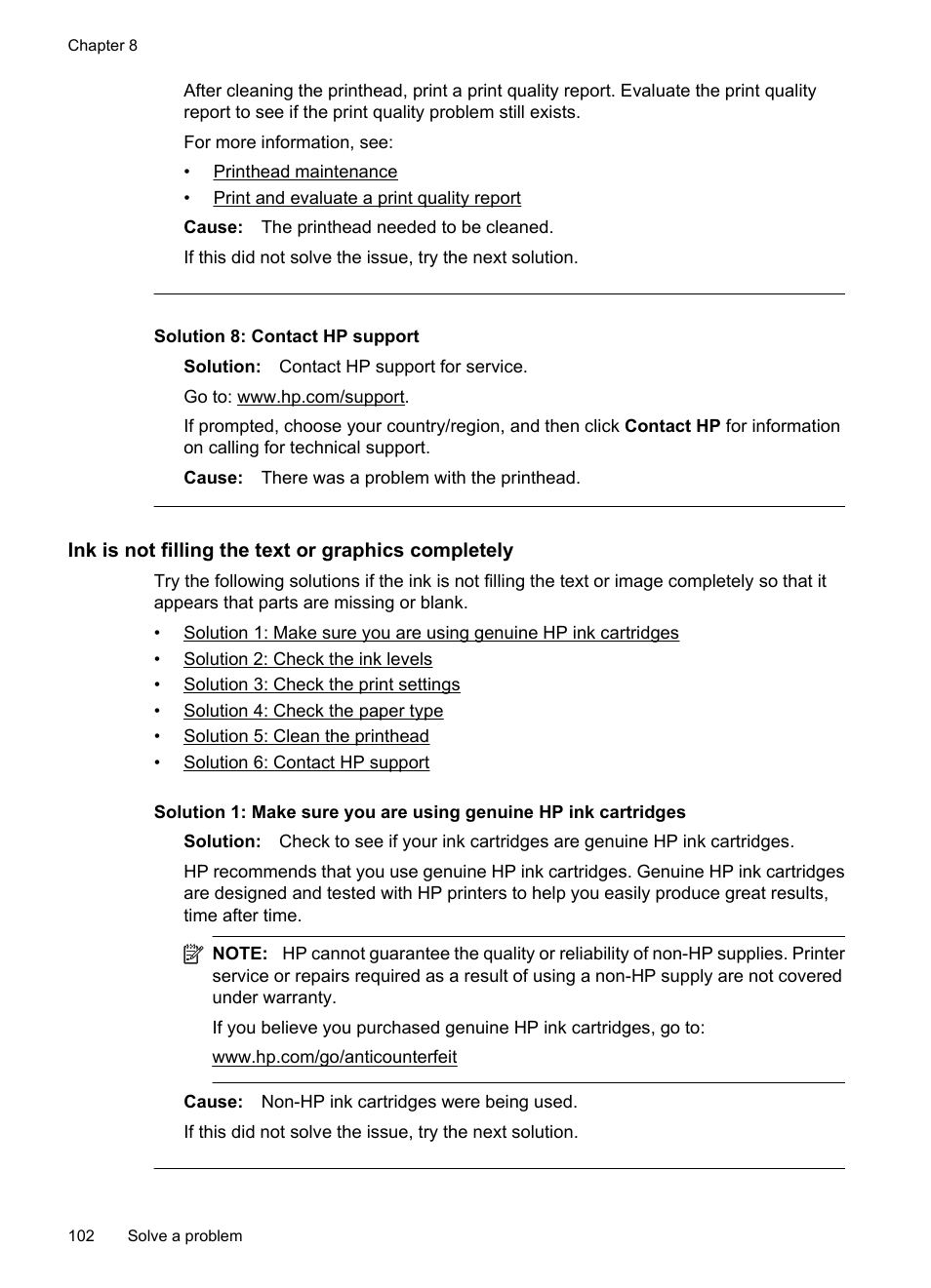 Ink is not filling the text or graphics completely, Solution 8: contact hp support | HP Officejet 7500A Wide Format e-All-in-One Printer - E910a User Manual | Page 106 / 252