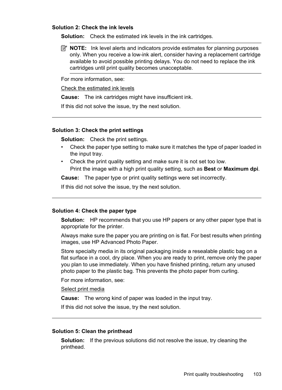 Solution 2: check the ink levels, Solution 3: check the print settings, Solution 4: check the paper type | Solution 5: clean the printhead | HP Officejet 7500A Wide Format e-All-in-One Printer - E910a User Manual | Page 107 / 252