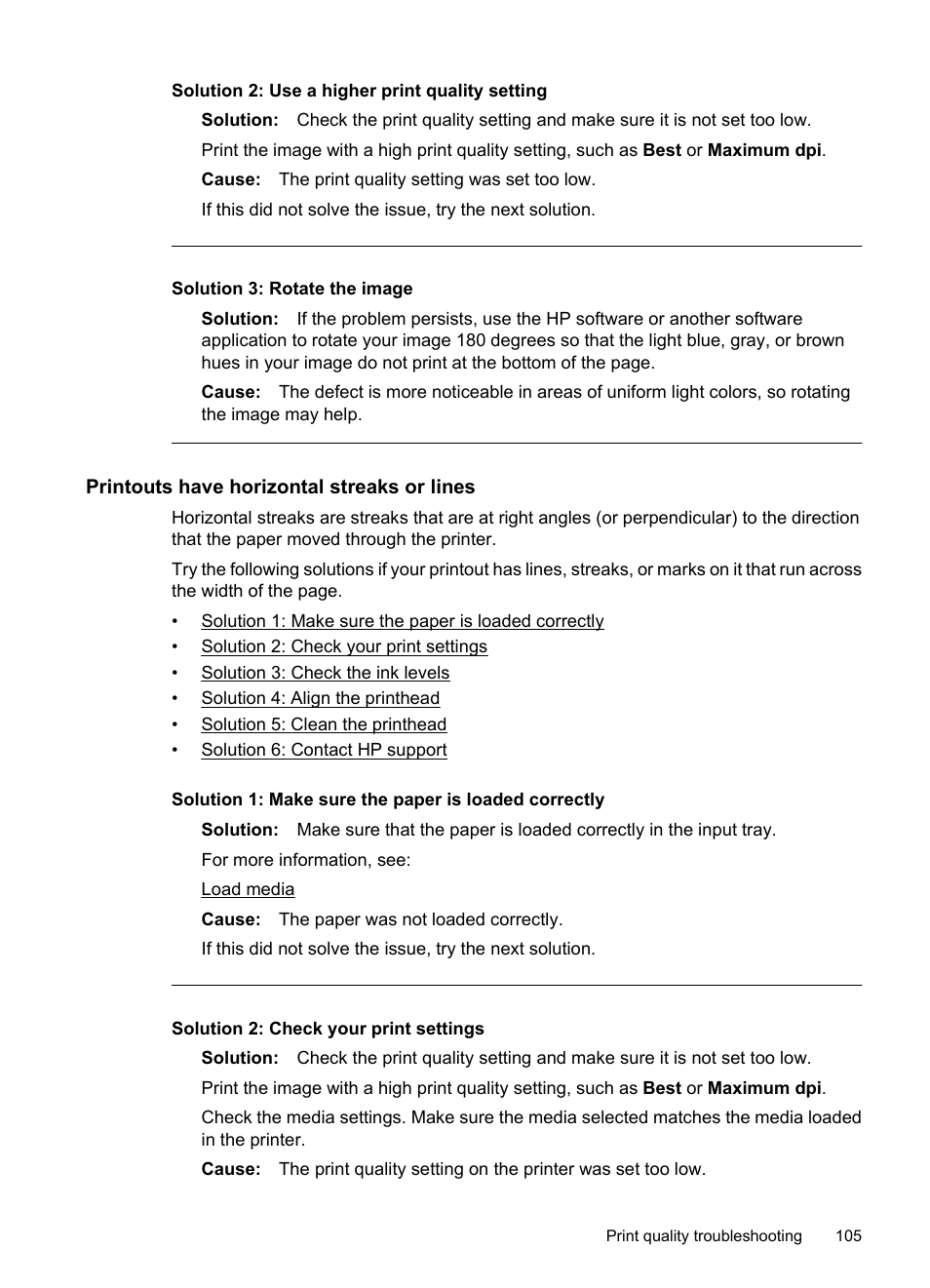 Printouts have horizontal streaks or lines, Solution 2: use a higher print quality setting, Solution 3: rotate the image | HP Officejet 7500A Wide Format e-All-in-One Printer - E910a User Manual | Page 109 / 252
