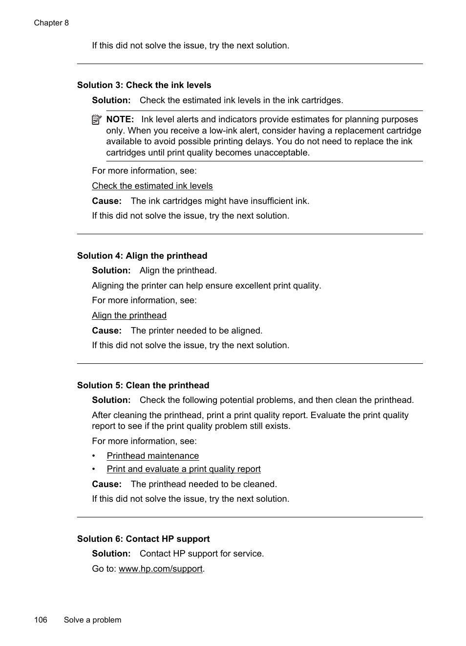 Solution 3: check the ink levels, Solution 4: align the printhead, Solution 5: clean the printhead | Solution 6: contact hp support | HP Officejet 7500A Wide Format e-All-in-One Printer - E910a User Manual | Page 110 / 252