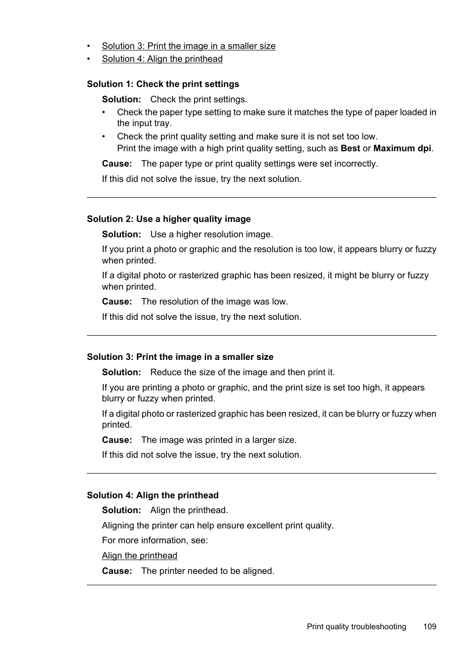 Solution 1: check the print settings, Solution 2: use a higher quality image | HP Officejet 7500A Wide Format e-All-in-One Printer - E910a User Manual | Page 113 / 252