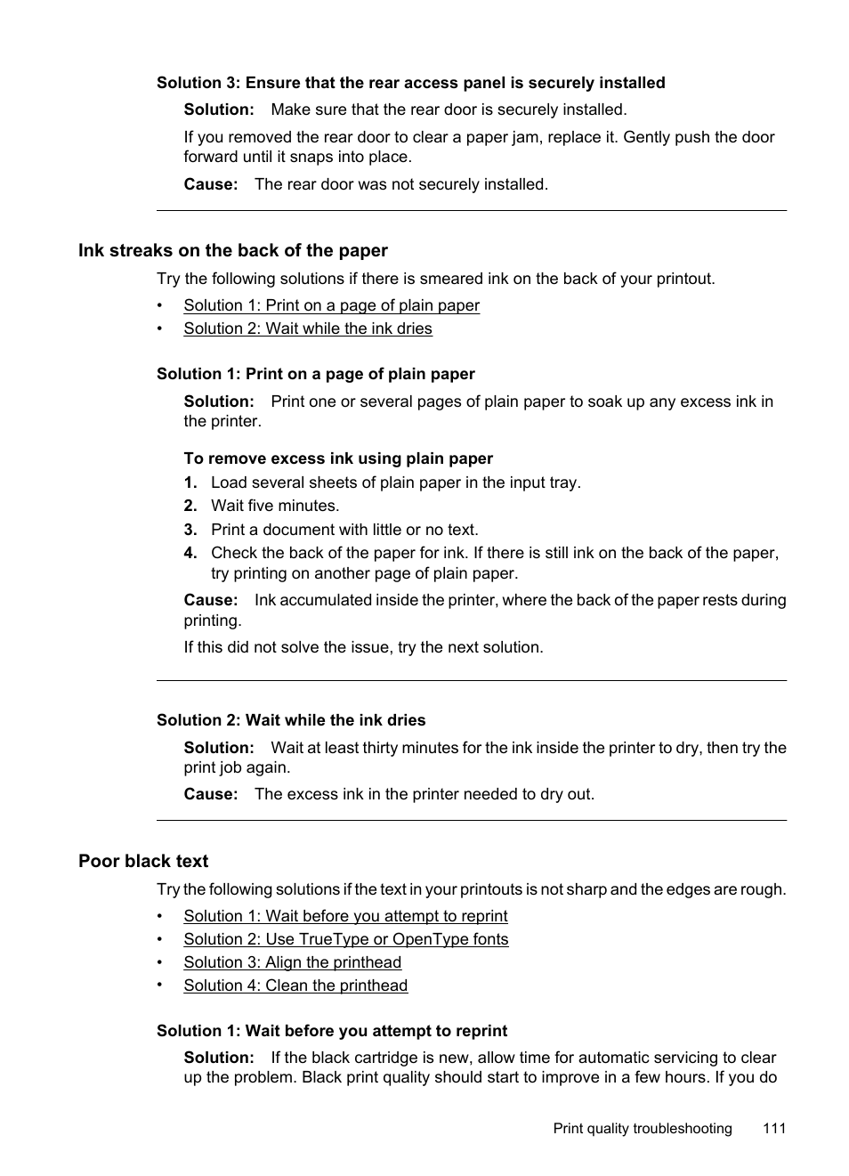 Ink streaks on the back of the paper, Poor black text | HP Officejet 7500A Wide Format e-All-in-One Printer - E910a User Manual | Page 115 / 252