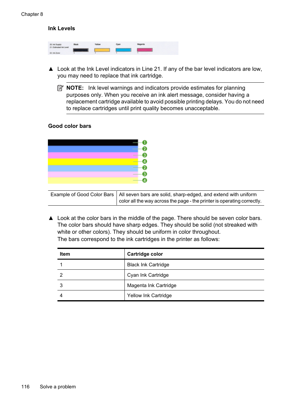 Ink levels, Good color bars | HP Officejet 7500A Wide Format e-All-in-One Printer - E910a User Manual | Page 120 / 252