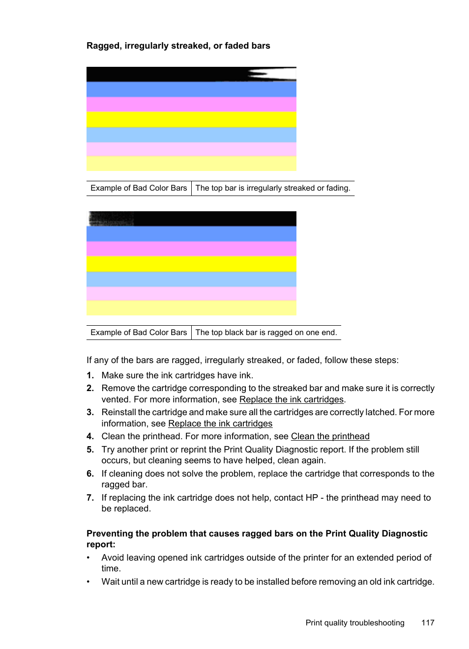 Ragged, irregularly streaked, or faded bars | HP Officejet 7500A Wide Format e-All-in-One Printer - E910a User Manual | Page 121 / 252
