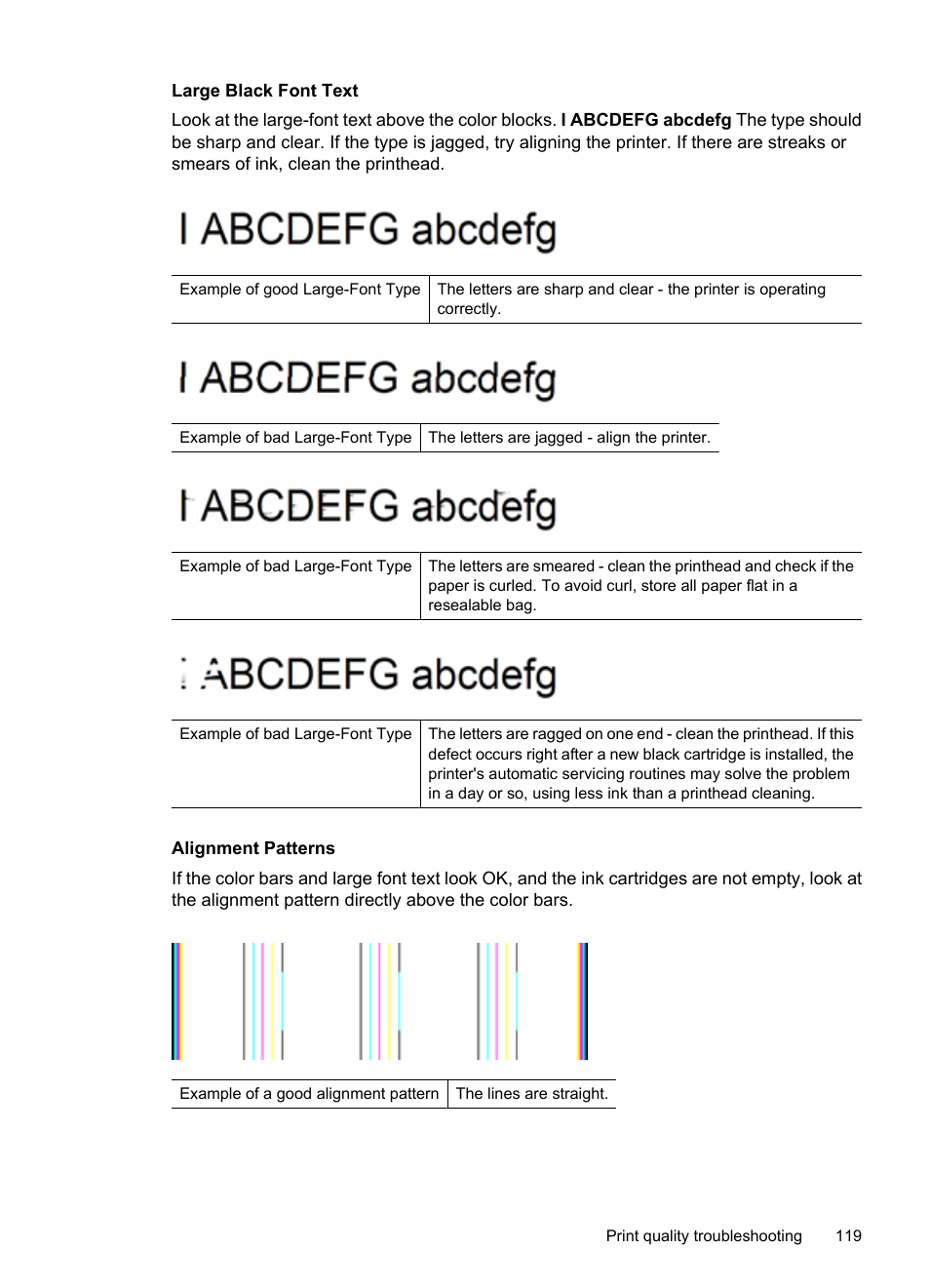 Large black font text, Alignment patterns | HP Officejet 7500A Wide Format e-All-in-One Printer - E910a User Manual | Page 123 / 252