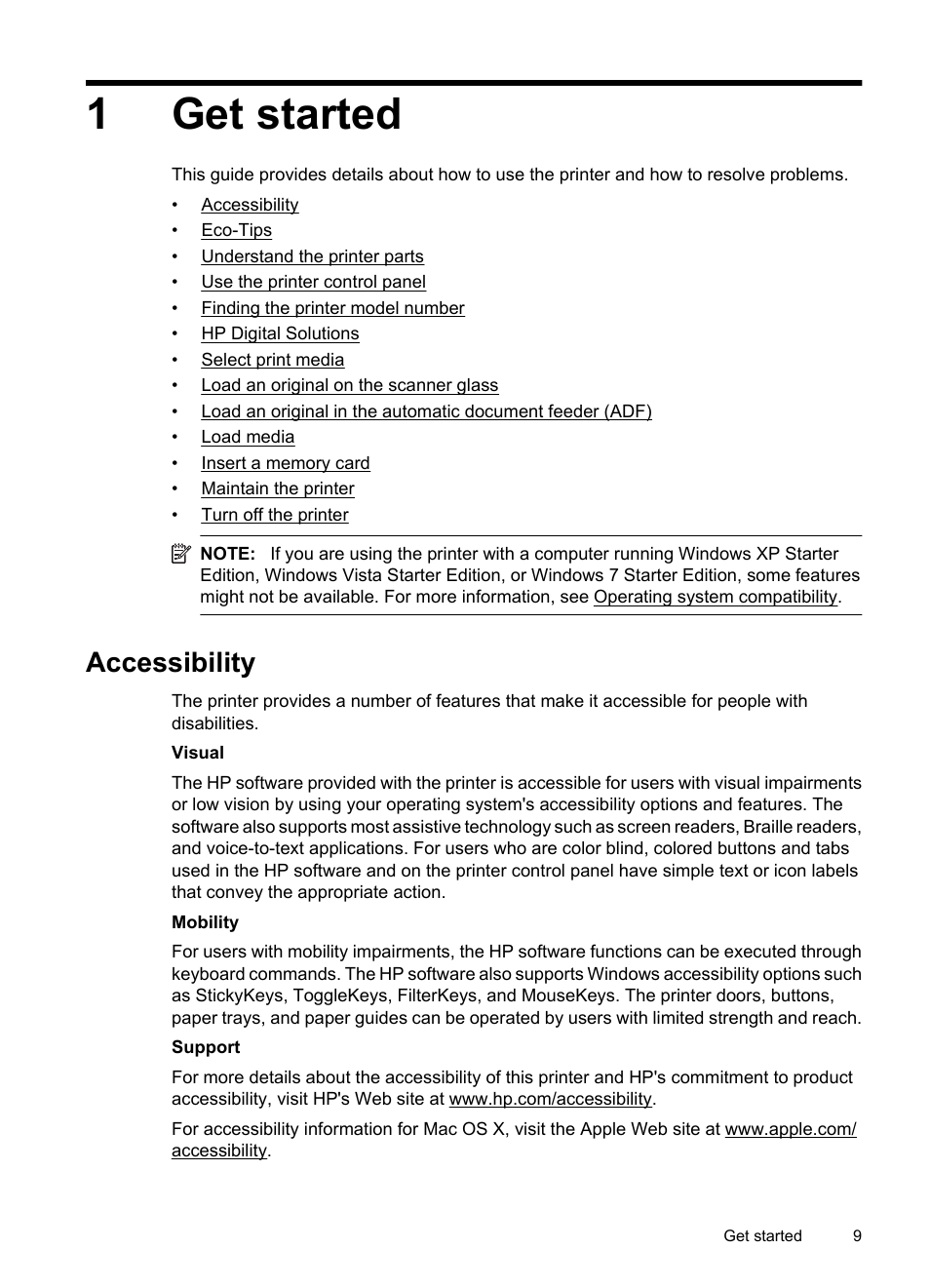 Get started, Accessibility, 1 get started | 1get started | HP Officejet 7500A Wide Format e-All-in-One Printer - E910a User Manual | Page 13 / 252