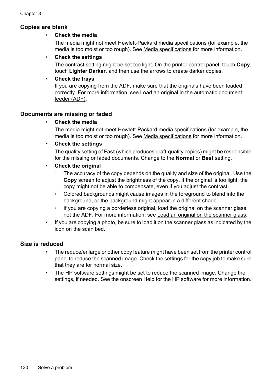 Copies are blank, Documents are missing or faded, Size is reduced | HP Officejet 7500A Wide Format e-All-in-One Printer - E910a User Manual | Page 134 / 252