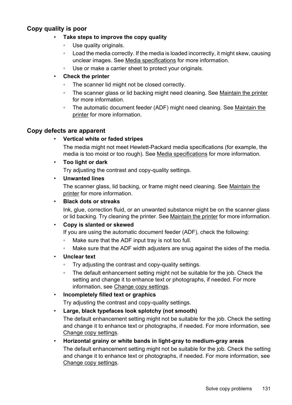 Copy quality is poor, Copy defects are apparent | HP Officejet 7500A Wide Format e-All-in-One Printer - E910a User Manual | Page 135 / 252