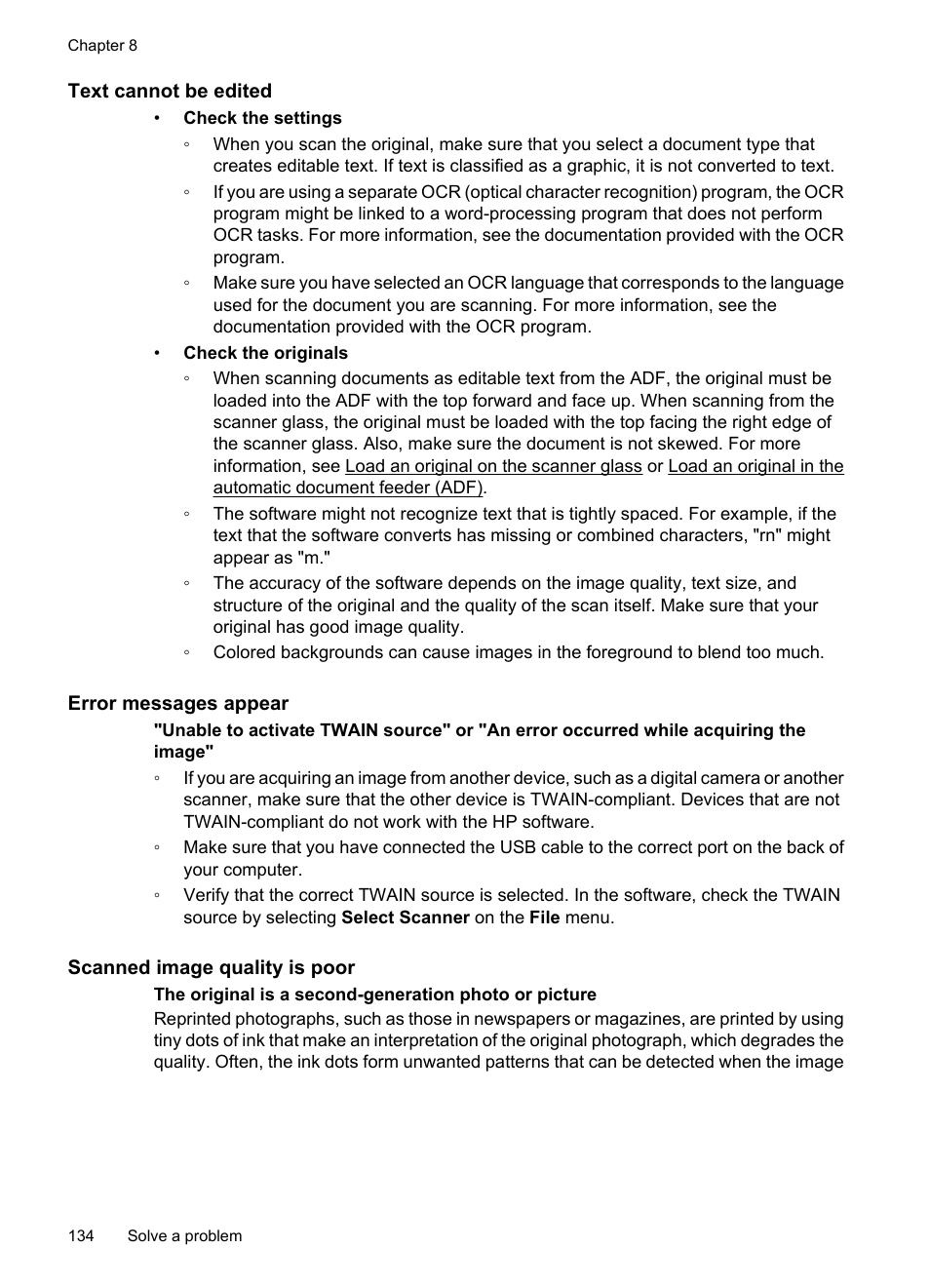 Text cannot be edited, Error messages appear, Scanned image quality is poor | HP Officejet 7500A Wide Format e-All-in-One Printer - E910a User Manual | Page 138 / 252