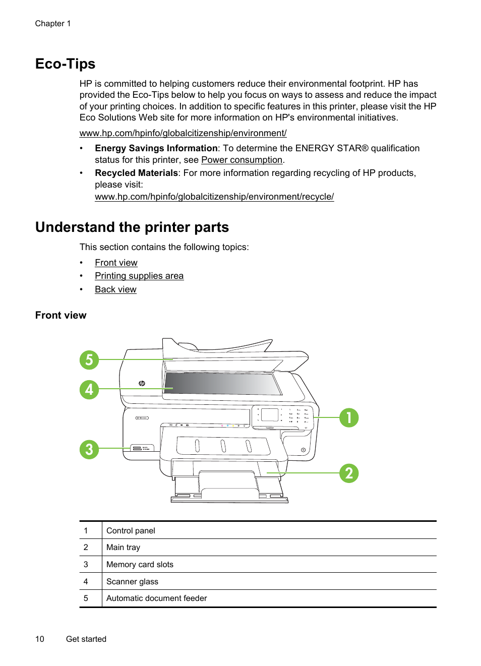 Eco-tips, Understand the printer parts, Front view | Eco-tips understand the printer parts, Front view printing supplies area back view | HP Officejet 7500A Wide Format e-All-in-One Printer - E910a User Manual | Page 14 / 252