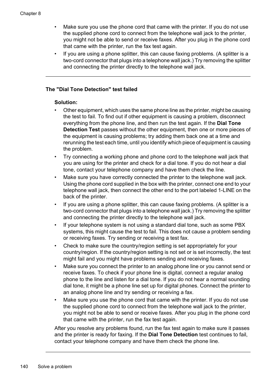 The "dial tone detection" test failed | HP Officejet 7500A Wide Format e-All-in-One Printer - E910a User Manual | Page 144 / 252