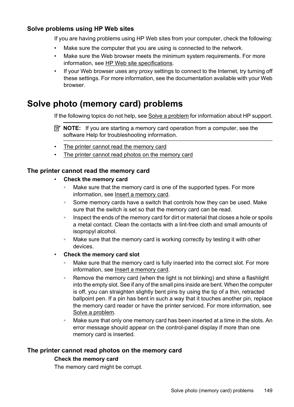 Solve problems using hp web sites, Solve photo (memory card) problems, The printer cannot read the memory card | The printer cannot read photos on the memory card | HP Officejet 7500A Wide Format e-All-in-One Printer - E910a User Manual | Page 153 / 252