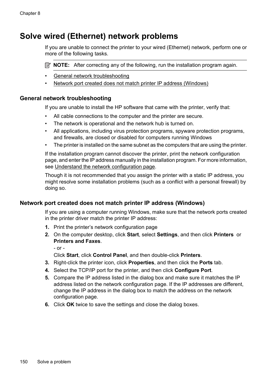 Solve wired (ethernet) network problems, General network troubleshooting | HP Officejet 7500A Wide Format e-All-in-One Printer - E910a User Manual | Page 154 / 252