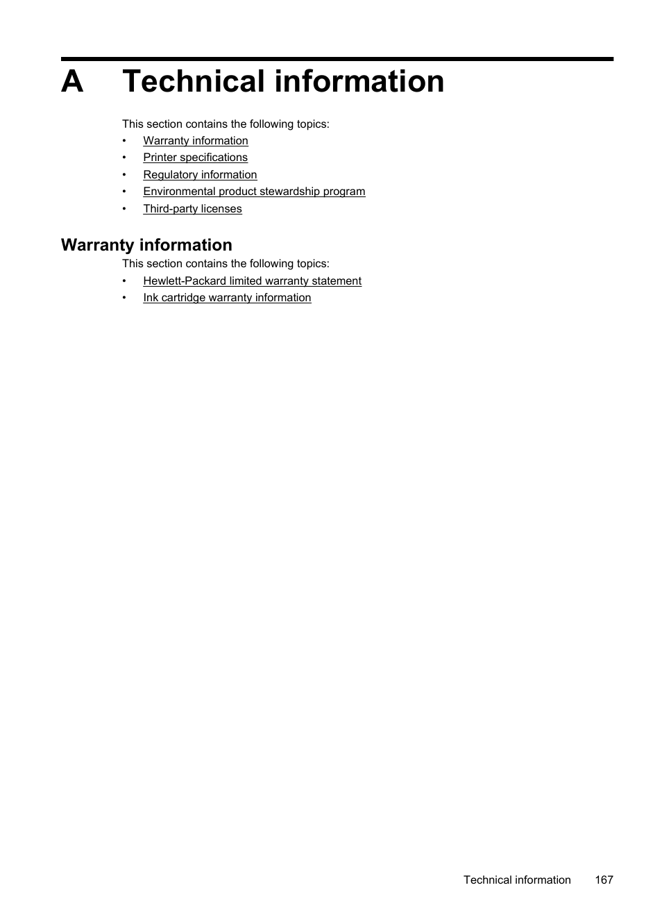 Technical information, Warranty information, A technical information | Atechnical information | HP Officejet 7500A Wide Format e-All-in-One Printer - E910a User Manual | Page 171 / 252