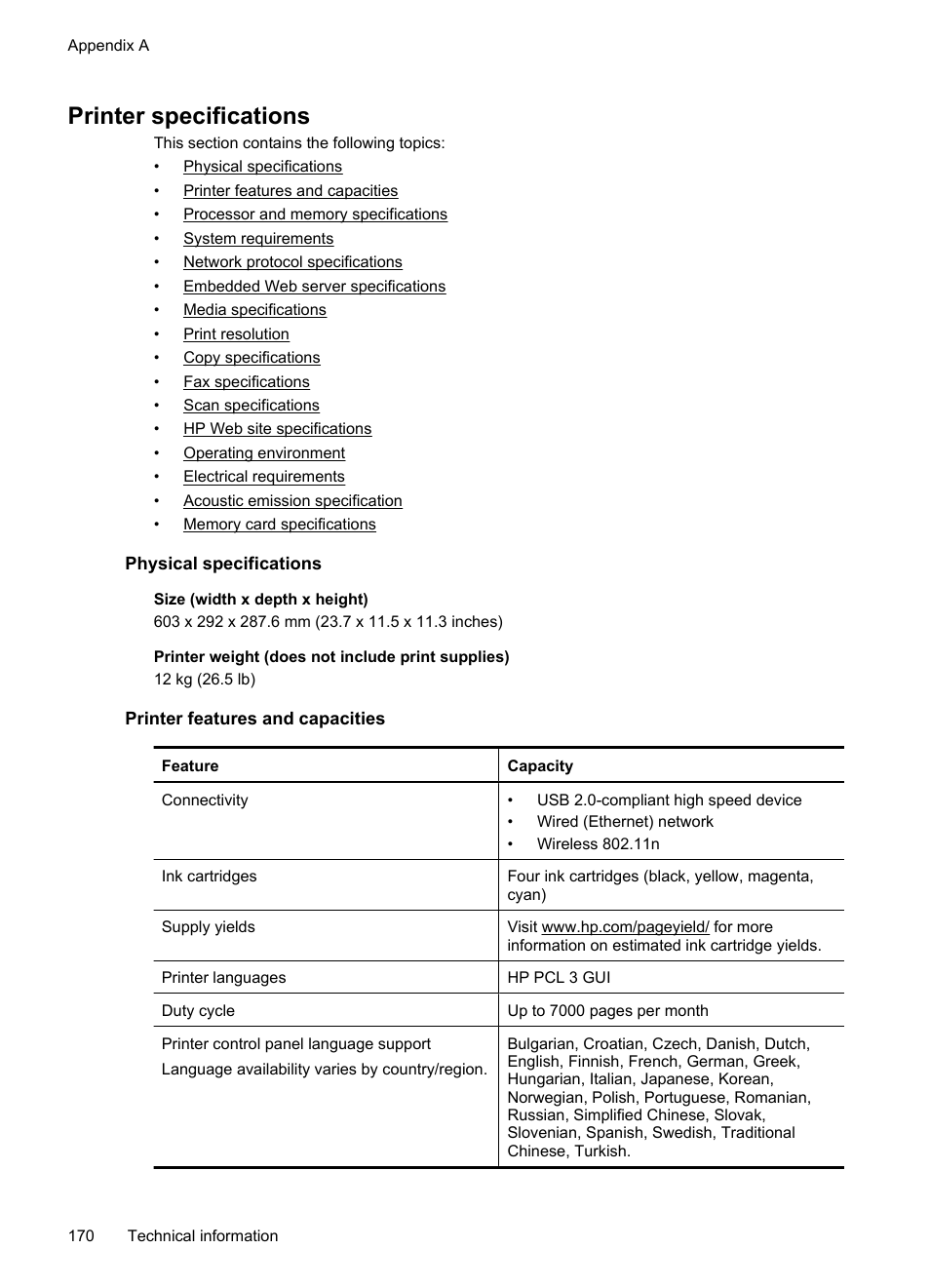 Printer specifications, Physical specifications, Printer features and capacities | HP Officejet 7500A Wide Format e-All-in-One Printer - E910a User Manual | Page 174 / 252