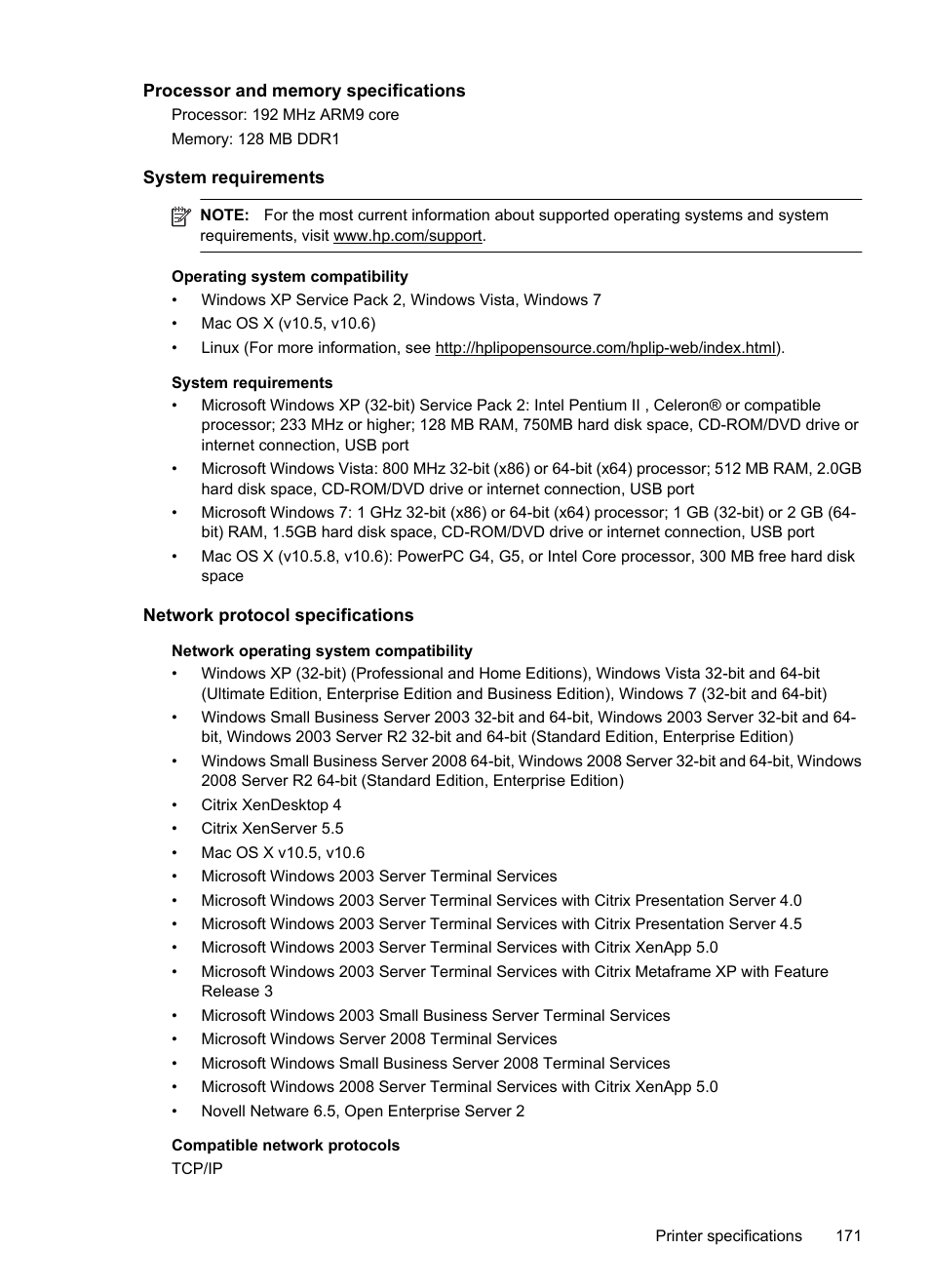 Processor and memory specifications, System requirements, Network protocol specifications | Operating system compatibility, E system requirements | HP Officejet 7500A Wide Format e-All-in-One Printer - E910a User Manual | Page 175 / 252