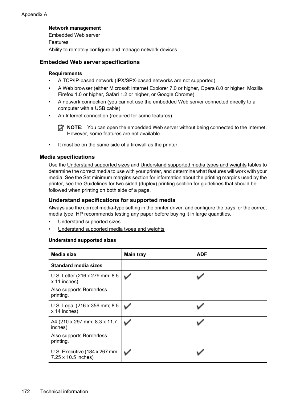 Embedded web server specifications, Media specifications, Understand specifications for supported media | See media specifications, Media specifications fo, E media specifications f, E media specifications | HP Officejet 7500A Wide Format e-All-in-One Printer - E910a User Manual | Page 176 / 252