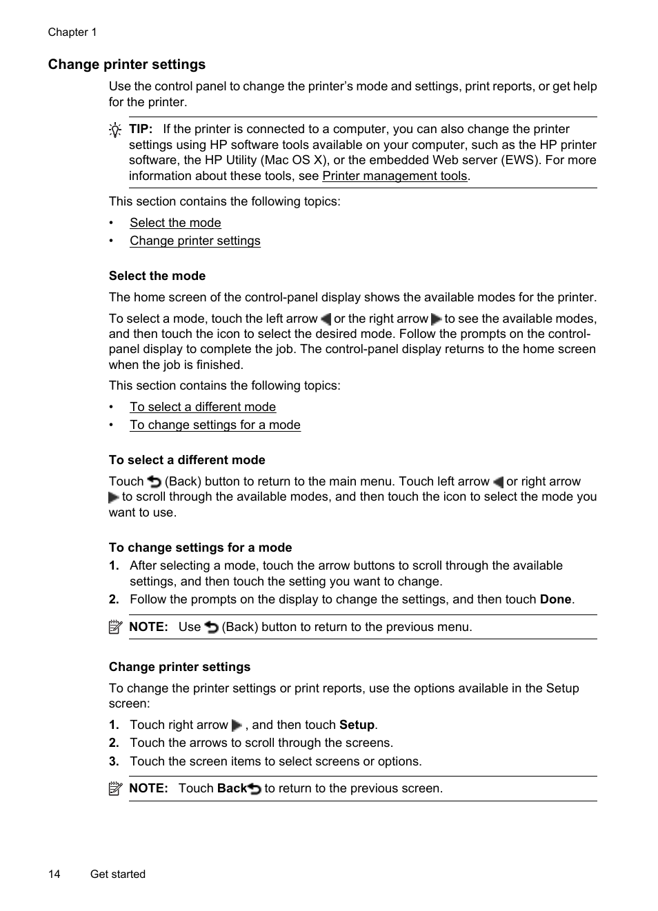 Change printer settings, Select the mode | HP Officejet 7500A Wide Format e-All-in-One Printer - E910a User Manual | Page 18 / 252