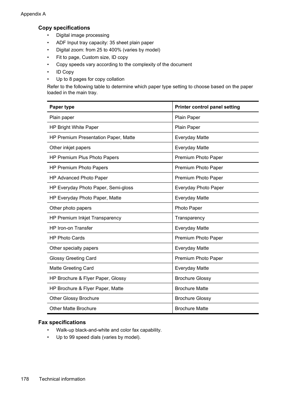 Copy specifications, Fax specifications | HP Officejet 7500A Wide Format e-All-in-One Printer - E910a User Manual | Page 182 / 252