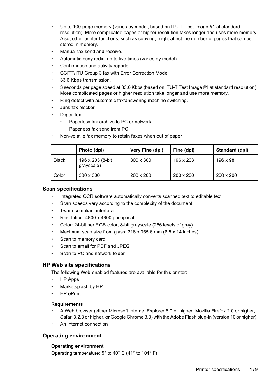 Scan specifications, Hp web site specifications, Operating environment | HP Officejet 7500A Wide Format e-All-in-One Printer - E910a User Manual | Page 183 / 252