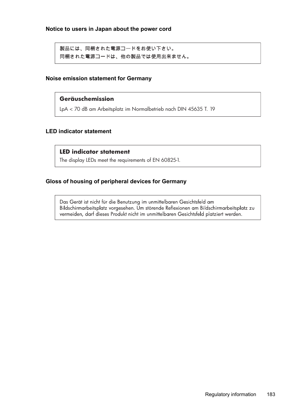 Notice to users in japan about the power cord, Noise emission statement for germany, Led indicator statement | Gloss of housing of peripheral devices for germany | HP Officejet 7500A Wide Format e-All-in-One Printer - E910a User Manual | Page 187 / 252