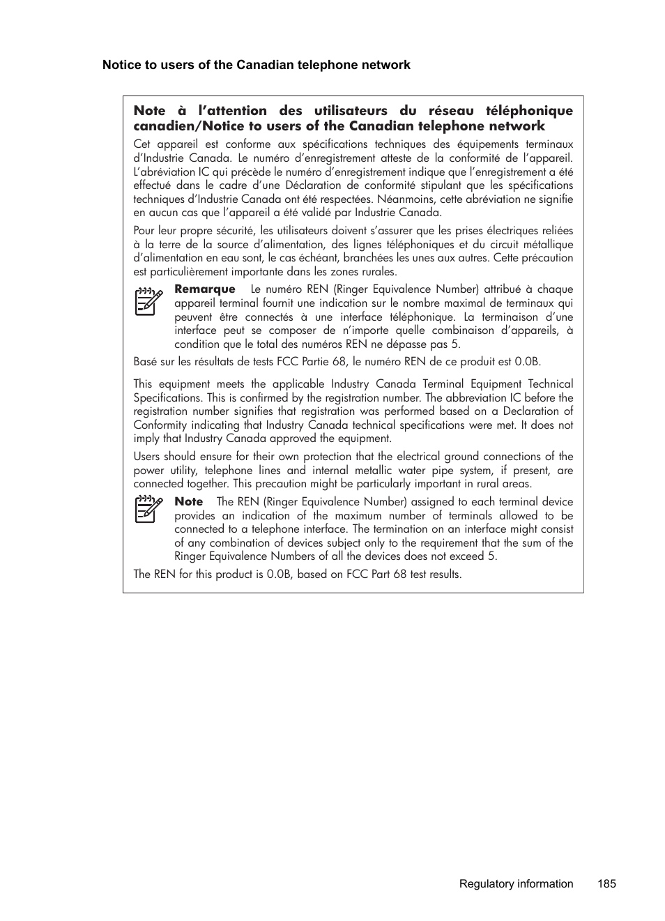 Notice to users of the canadian telephone network | HP Officejet 7500A Wide Format e-All-in-One Printer - E910a User Manual | Page 189 / 252