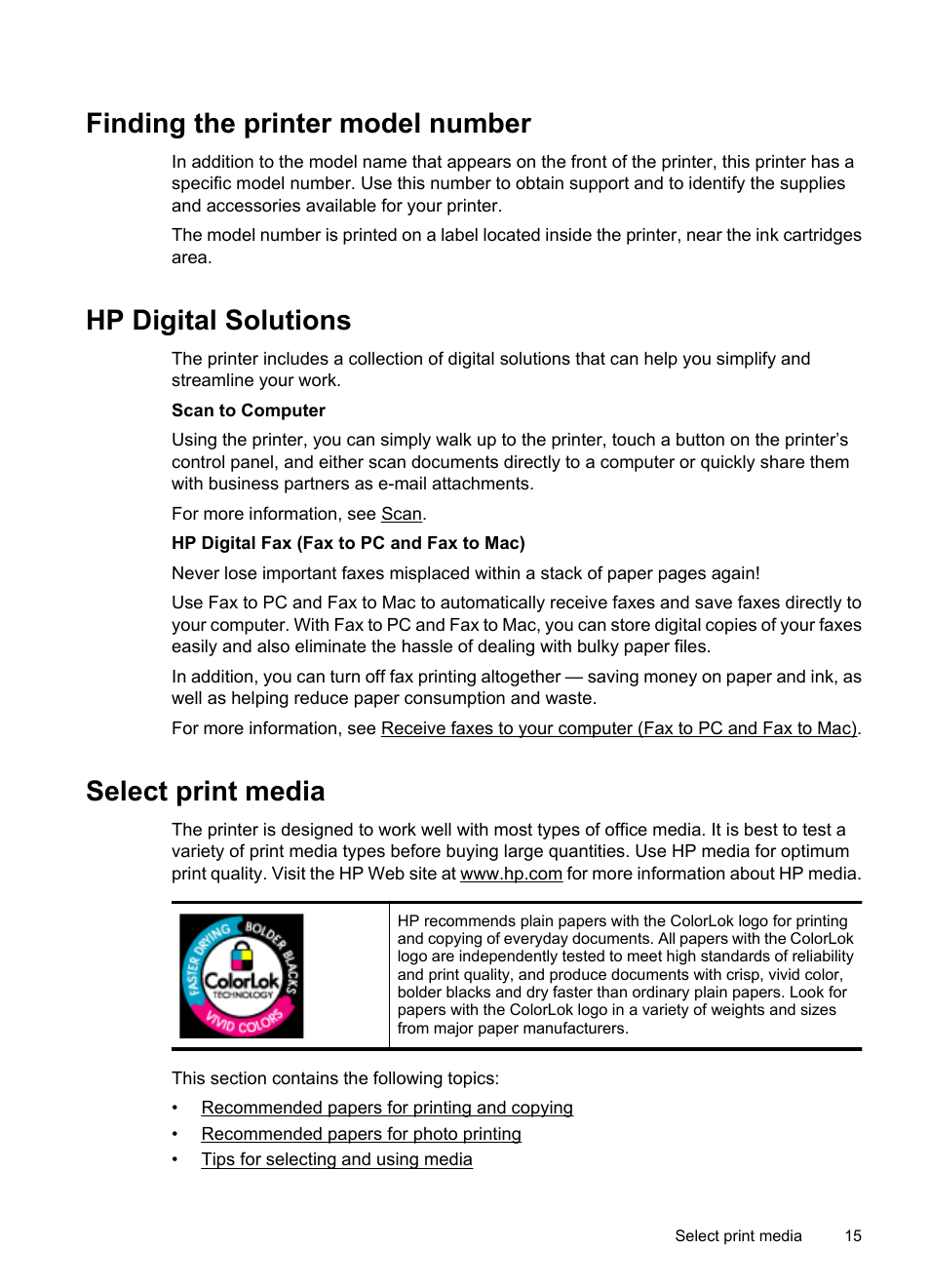 Finding the printer model number, Hp digital solutions, Select print media | HP Officejet 7500A Wide Format e-All-in-One Printer - E910a User Manual | Page 19 / 252
