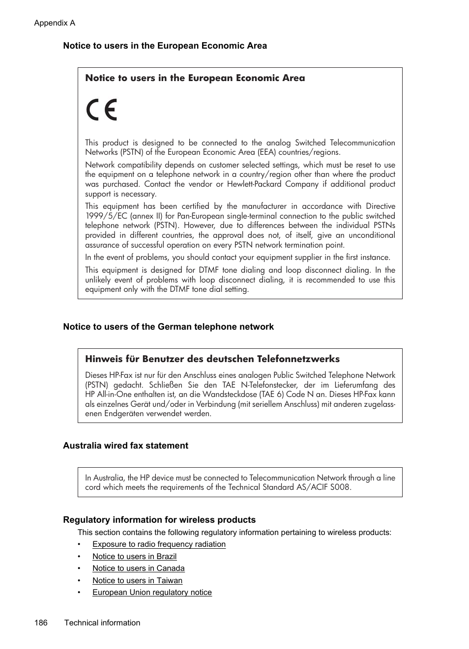 Notice to users in the european economic area, Notice to users of the german telephone network, Australia wired fax statement | Regulatory information for wireless products | HP Officejet 7500A Wide Format e-All-in-One Printer - E910a User Manual | Page 190 / 252