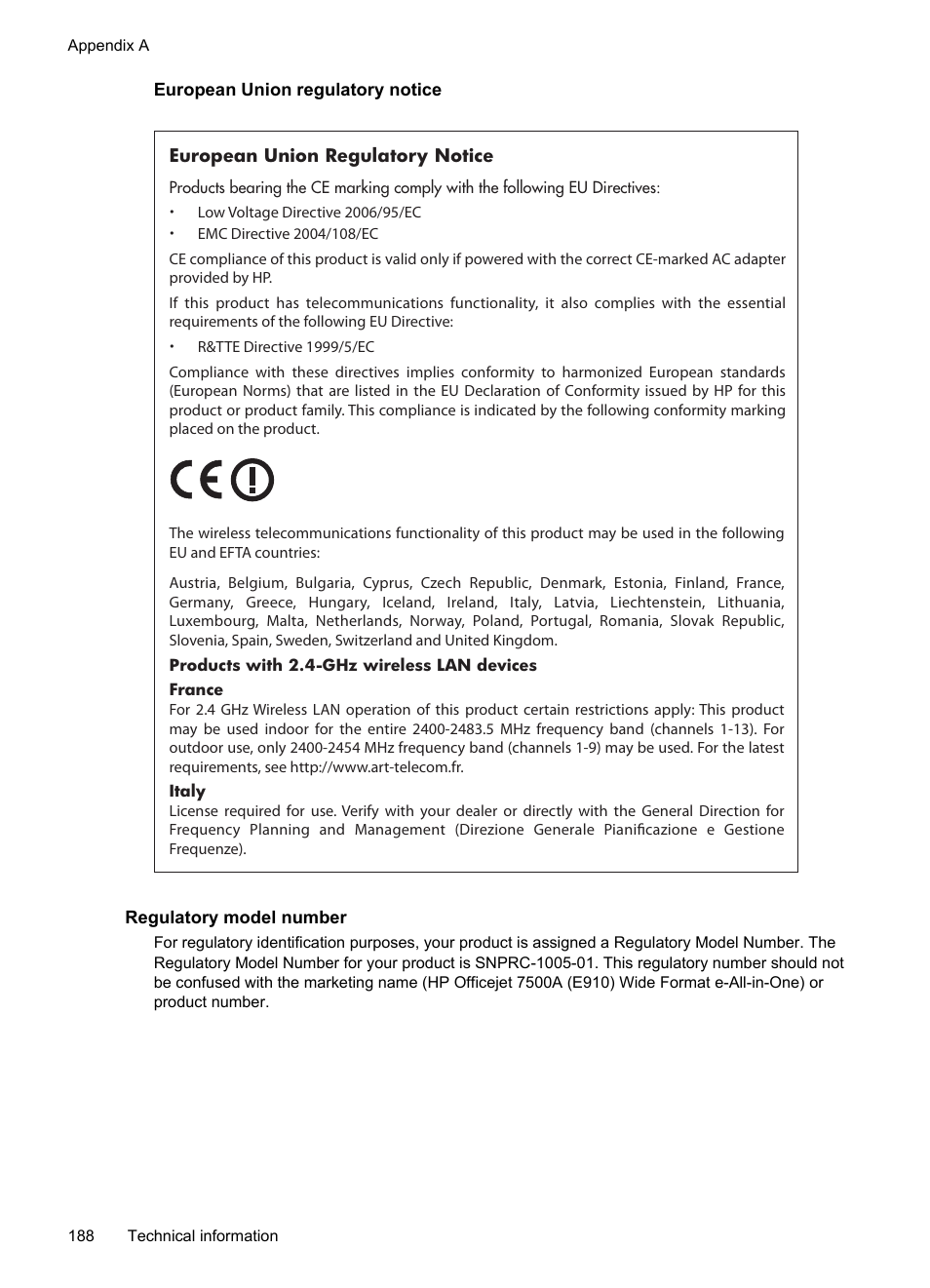 European union regulatory notice, Regulatory model number | HP Officejet 7500A Wide Format e-All-in-One Printer - E910a User Manual | Page 192 / 252