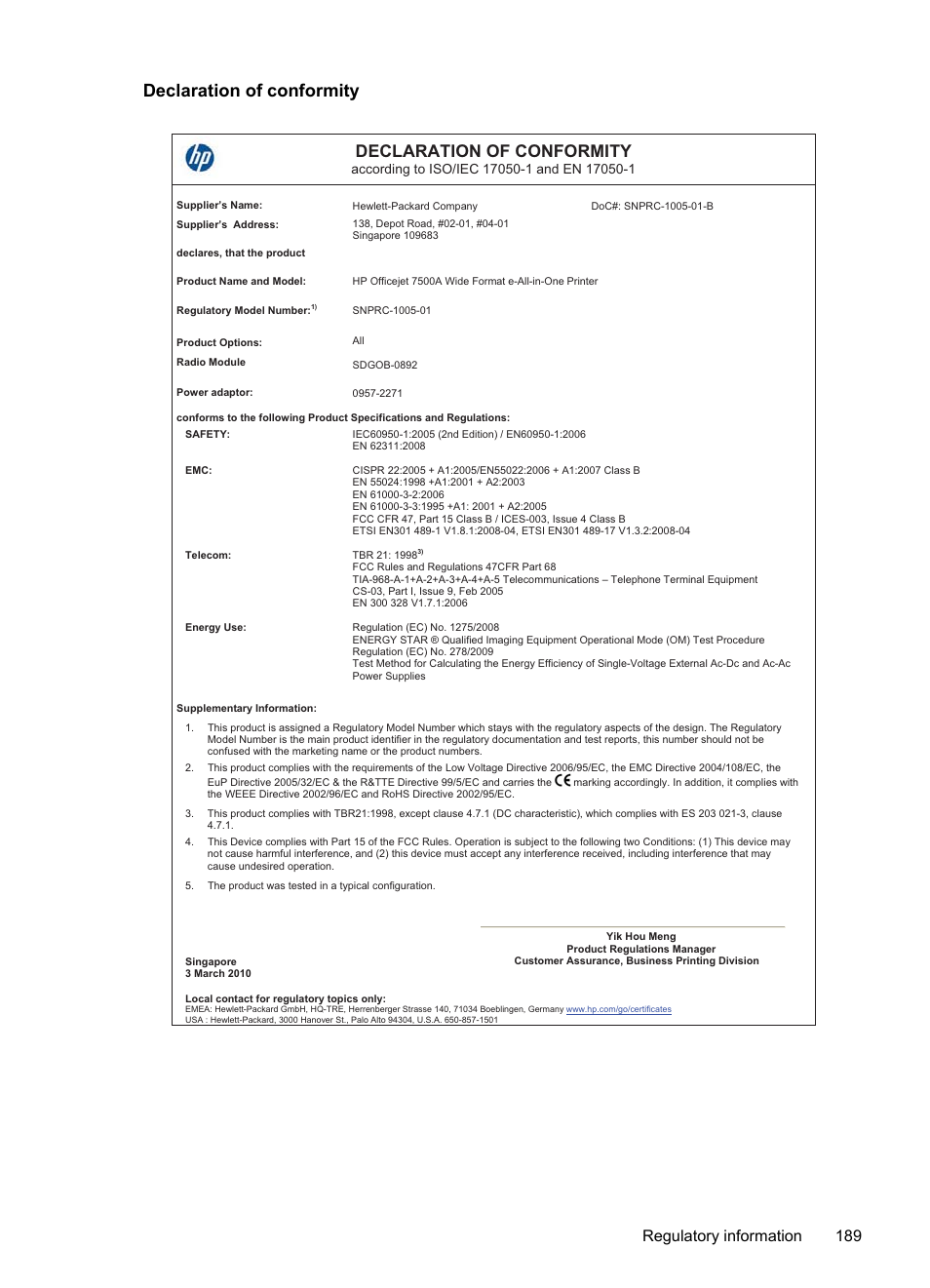 Declaration of conformity, Regulatory information 189 | HP Officejet 7500A Wide Format e-All-in-One Printer - E910a User Manual | Page 193 / 252