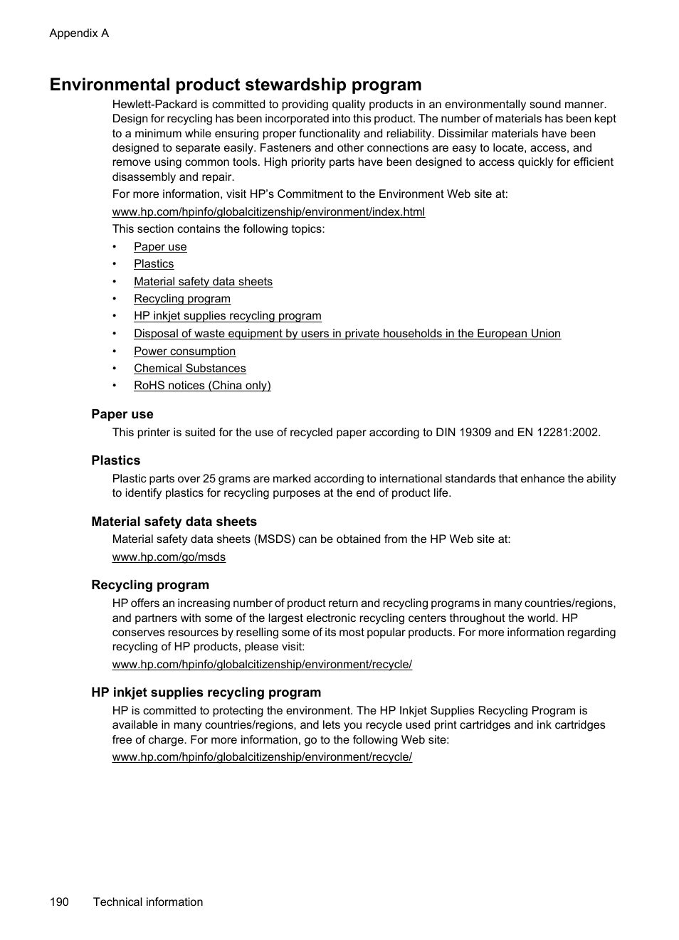 Environmental product stewardship program, Paper use, Plastics | Material safety data sheets, Recycling program, Hp inkjet supplies recycling program | HP Officejet 7500A Wide Format e-All-in-One Printer - E910a User Manual | Page 194 / 252