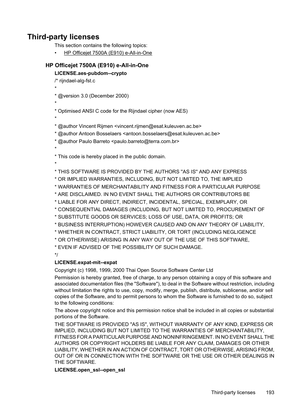Third-party licenses, Hp officejet 7500a (e910) e-all-in-one | HP Officejet 7500A Wide Format e-All-in-One Printer - E910a User Manual | Page 197 / 252