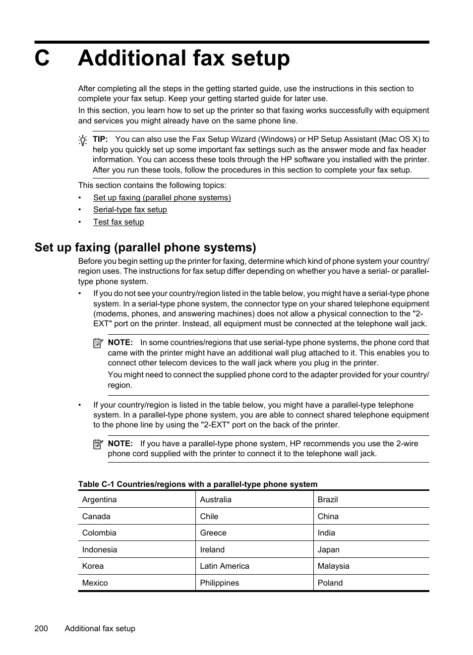 Additional fax setup, Set up faxing (parallel phone systems), C additional fax setup | Case h: shared voice/fax line with computer modem, Cadditional fax setup | HP Officejet 7500A Wide Format e-All-in-One Printer - E910a User Manual | Page 204 / 252