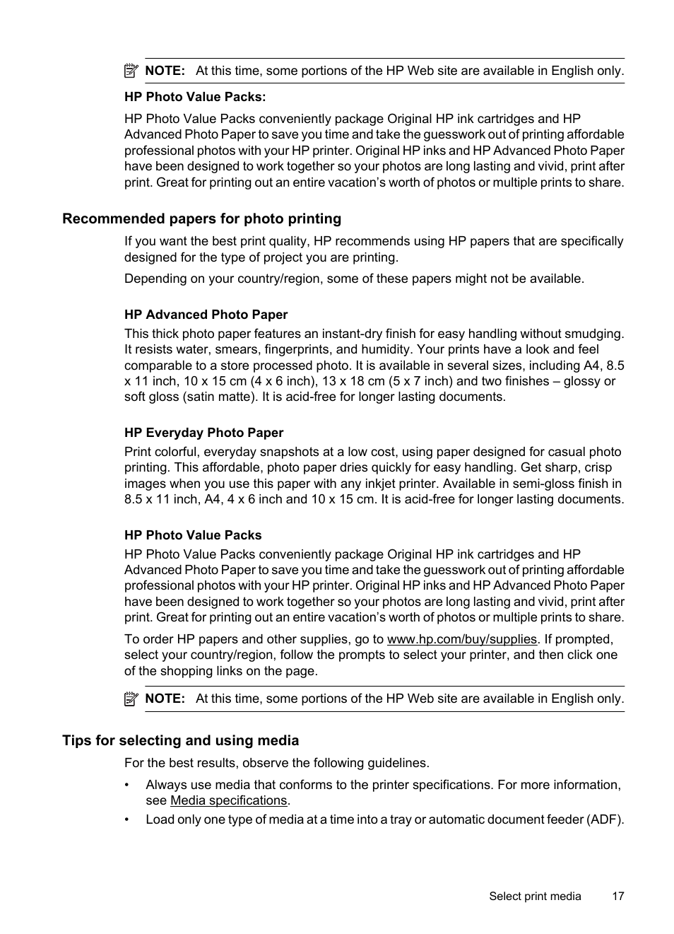 Recommended papers for photo printing, Tips for selecting and using media | HP Officejet 7500A Wide Format e-All-in-One Printer - E910a User Manual | Page 21 / 252